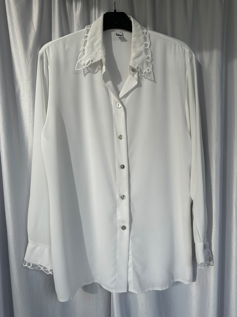 Vintage white sheer blouse with embroidery details, elegant see through shirt image 8