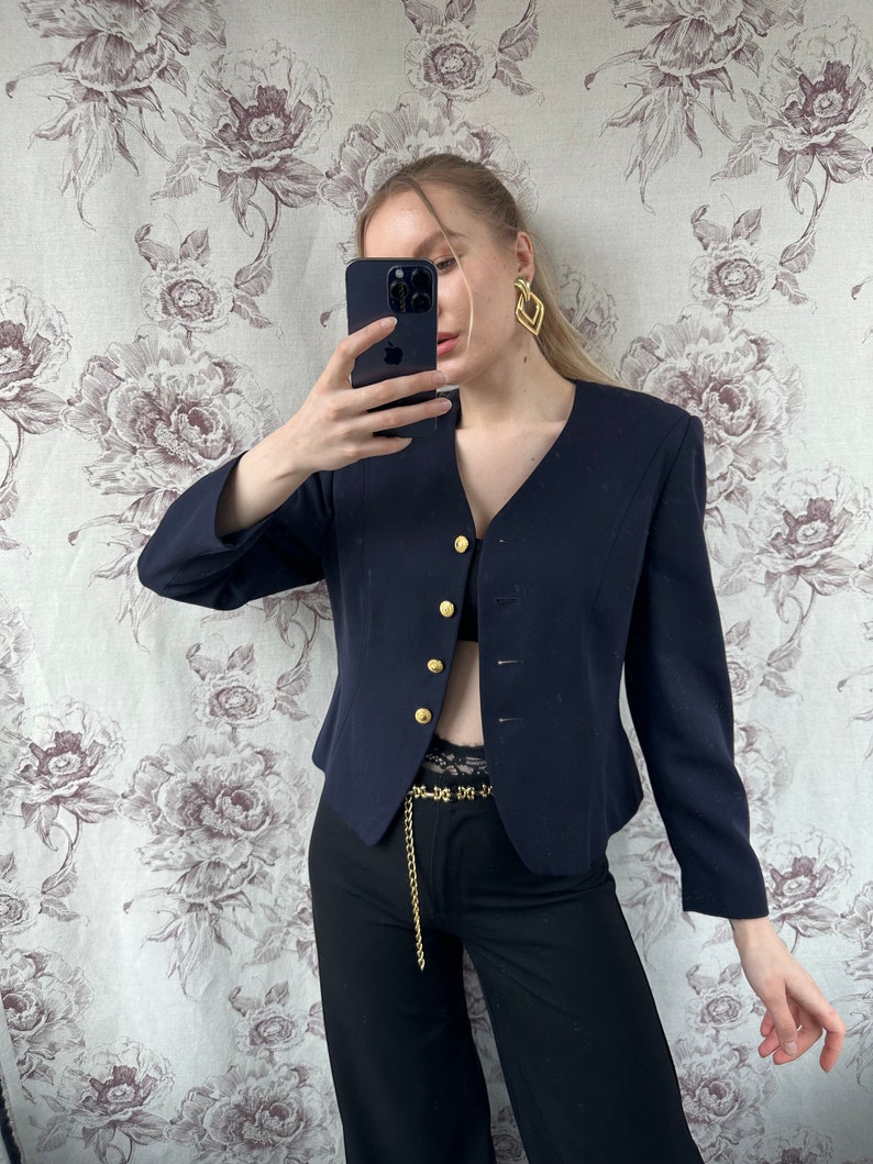 blazer bleu marine vintage, élégante veste des années 90 avec boutons dorés image 5