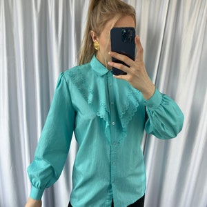 Vintage Turquoise Print Button Down Blouse Long Sleeve