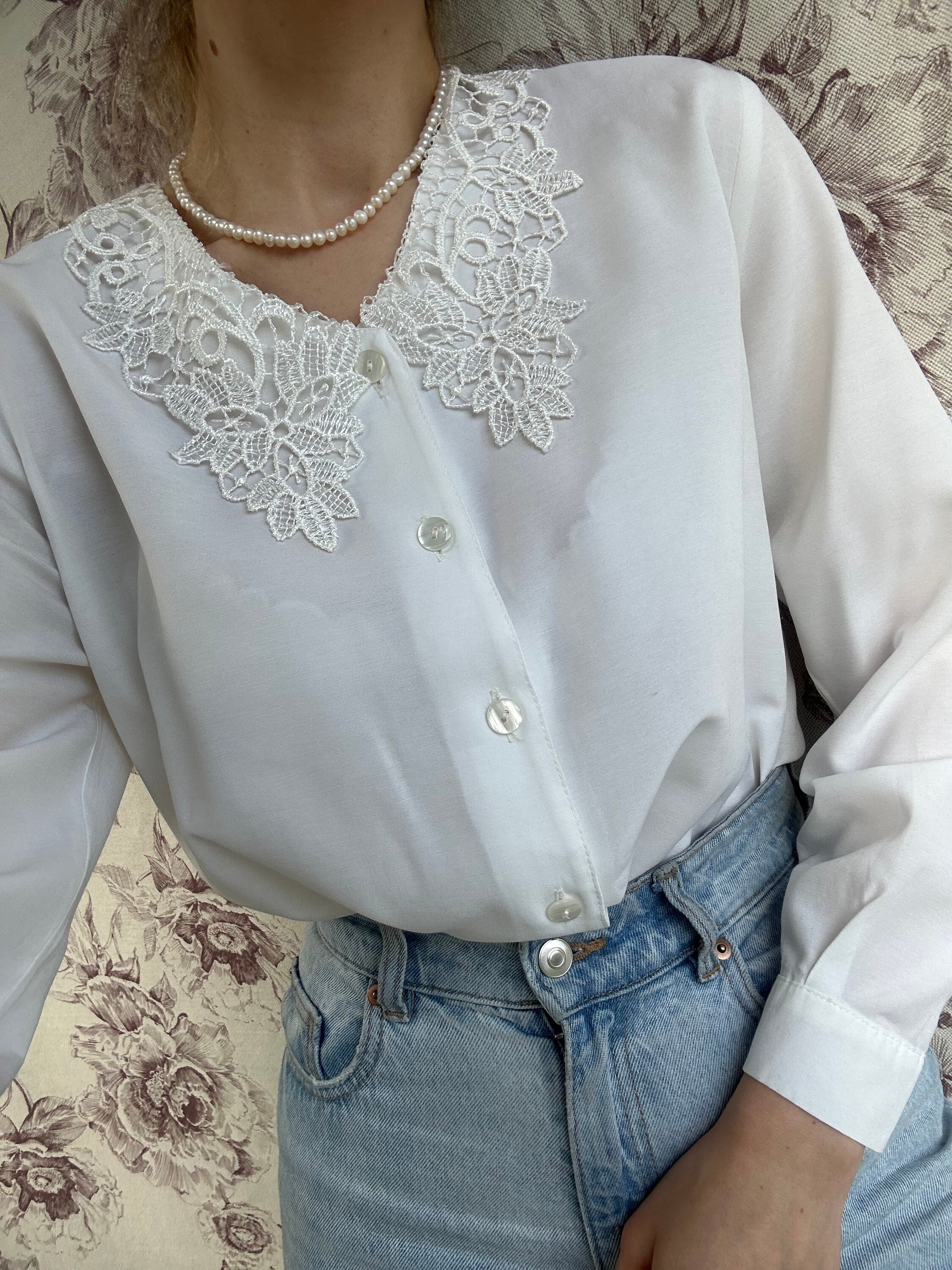 Vintage White Blouse With Lace Crochet Collar, Elegant Romantic 