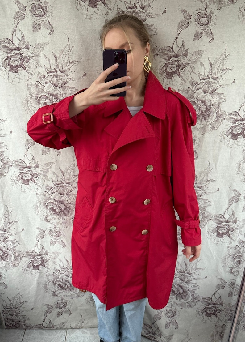 Trench rosso vintage, elegante trench da donna con cintura immagine 7