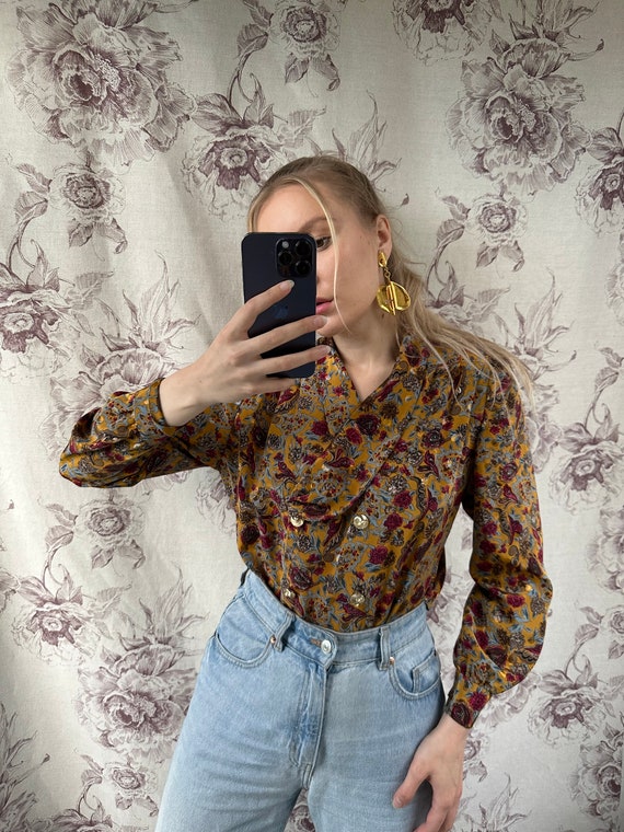 Vintage mustard yellow blouse with pink and blue … - image 3