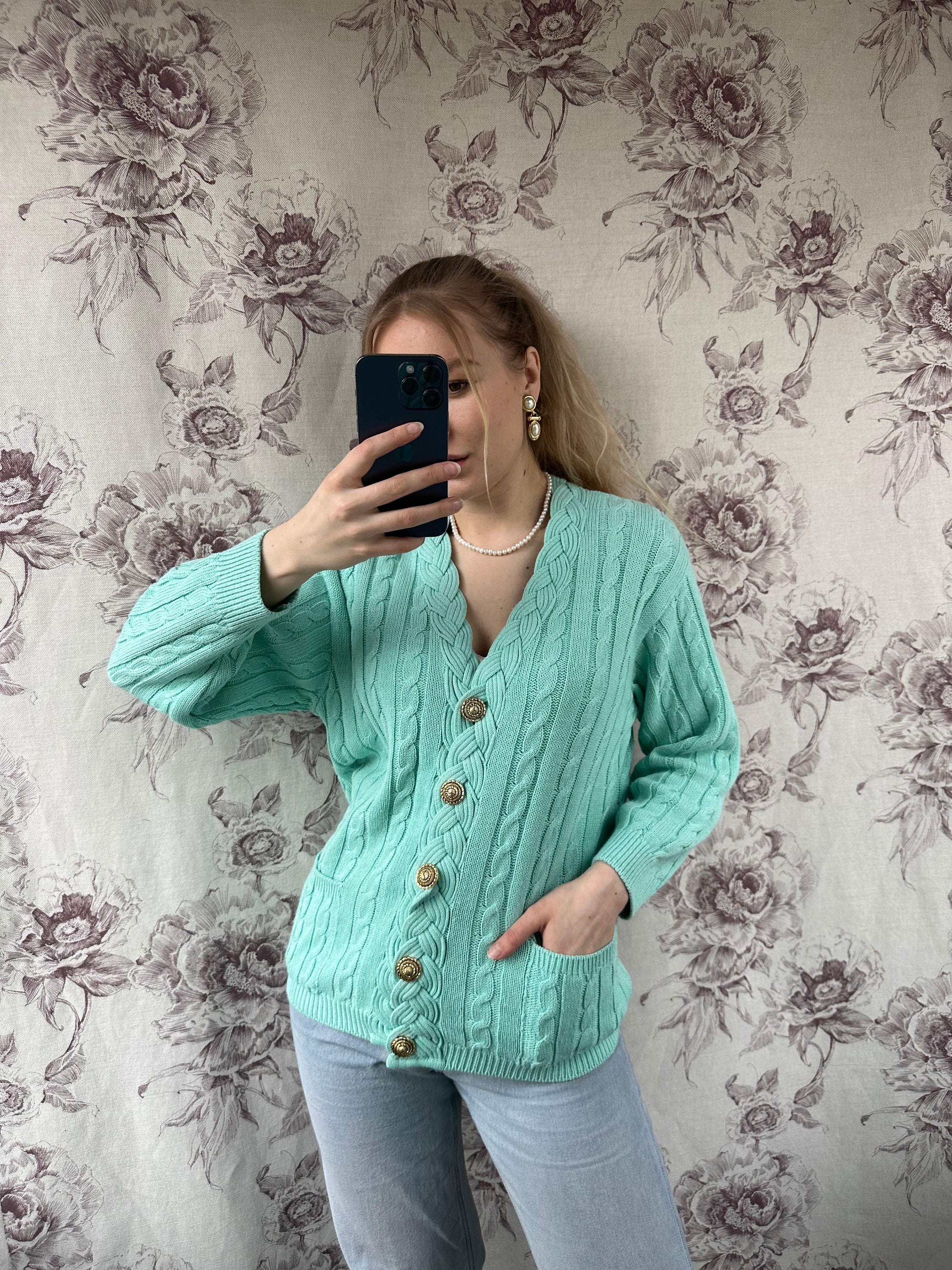 Vintage Turquoise Knitted Cardigan, Retro Cardigan Jumper With