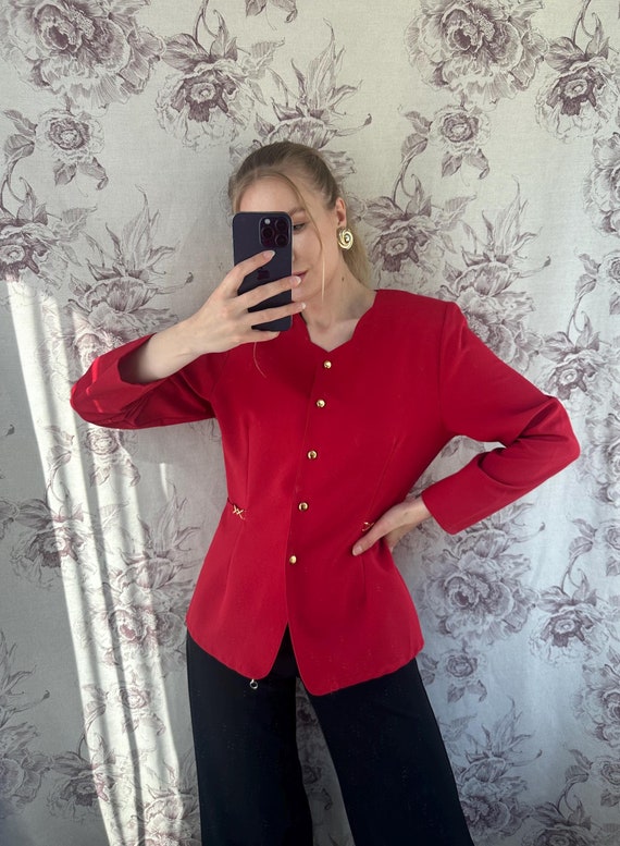 Vintage red jacket with golden details, classy and elegant light women’s blazer