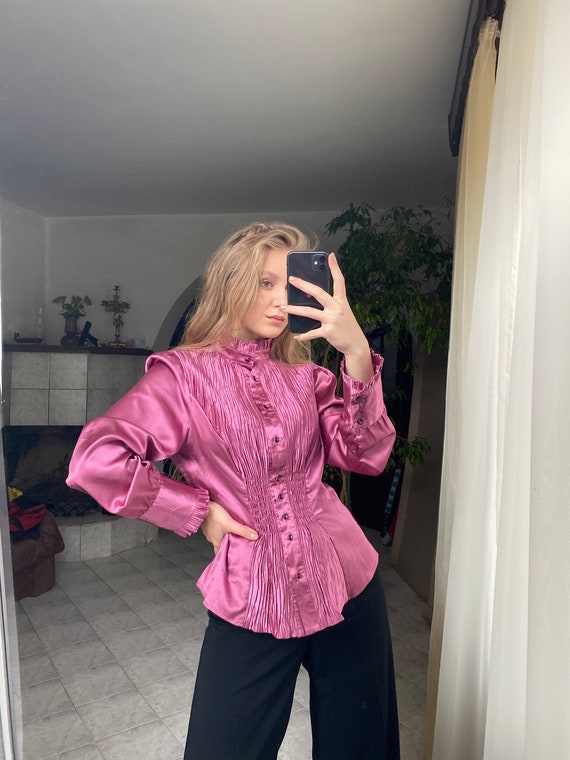 Vintage bright pink blouse | Pleated satin shirt
