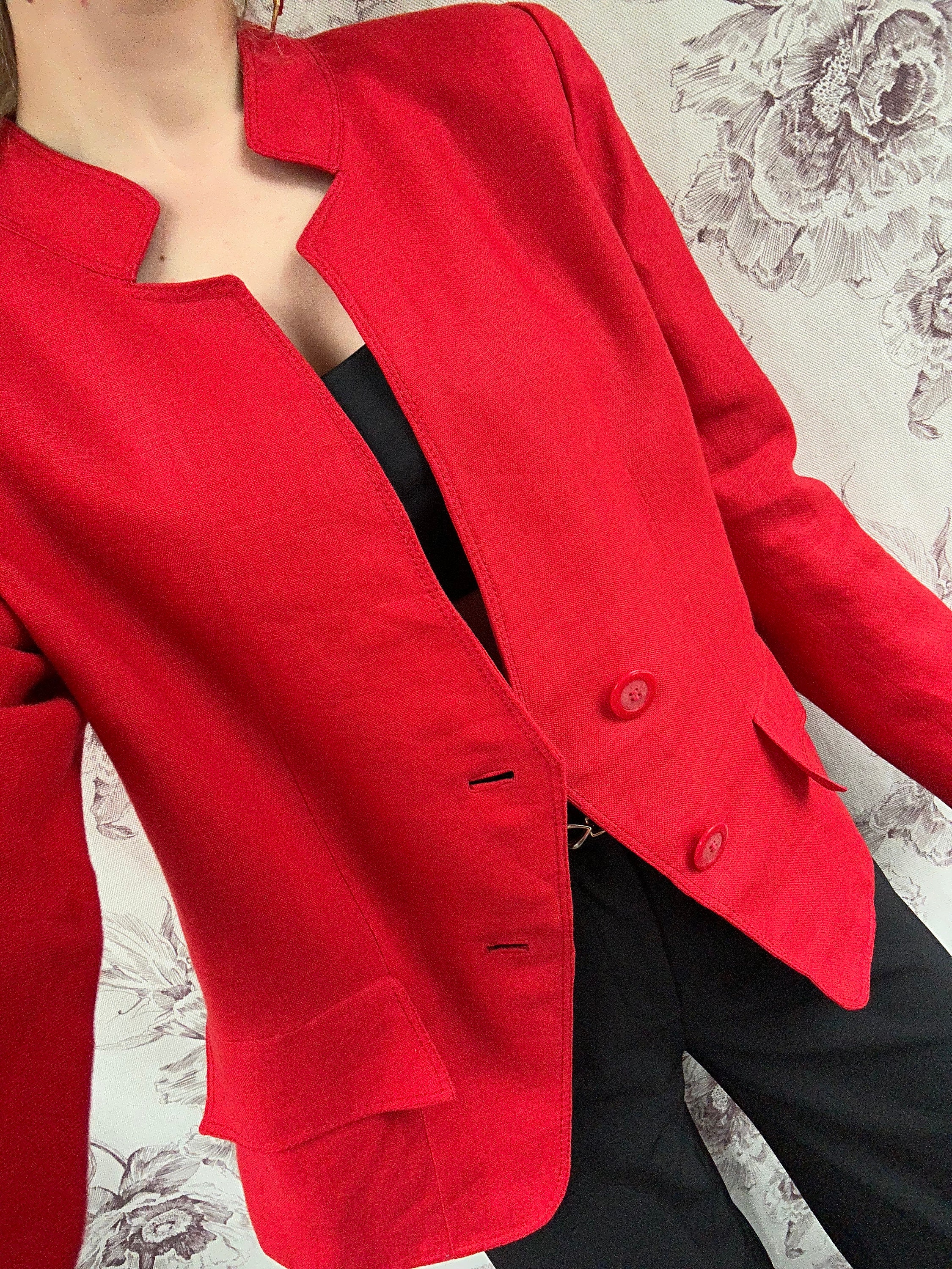 Vintage Red Linen Blazer, Elegant Women's Jacket With Unique
