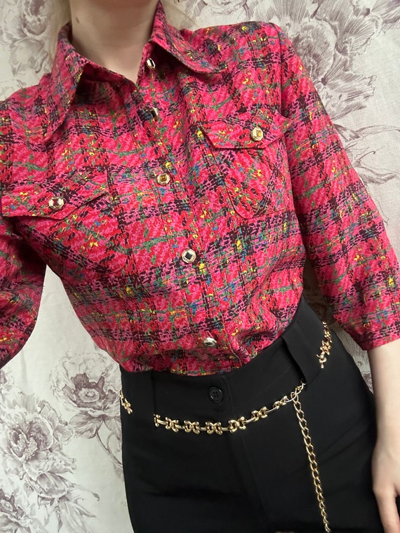 Camicetta vintage in tweed rosa e rosso con stampa elegante camicia da donna con bottoni multicolori e tasche Etsy Italia