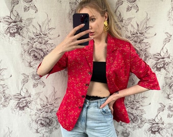 blazer rouge vintage à imprimé fleuri, élégante veste féminine à manches mi-longues