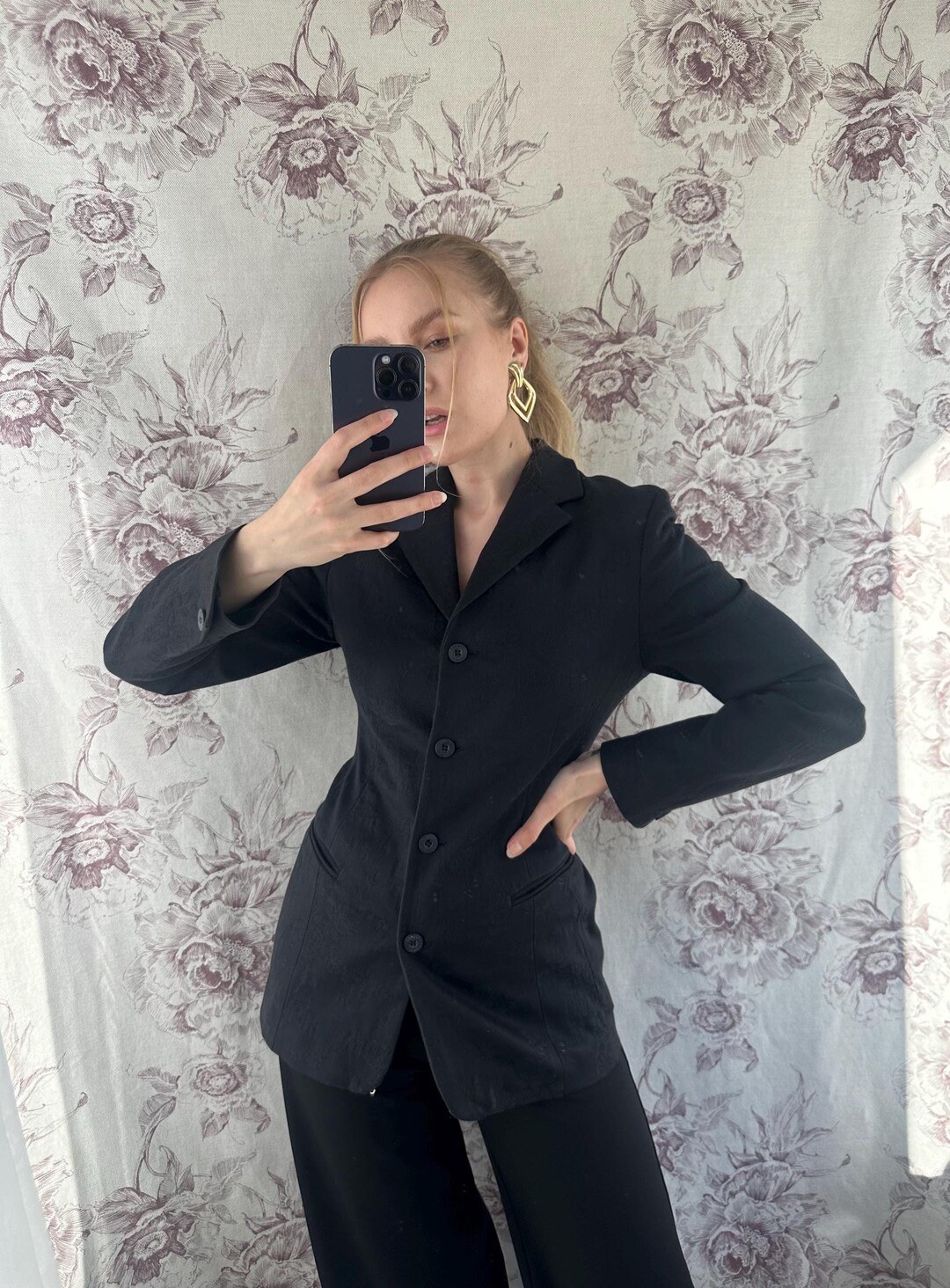 Black Floral Pattern Blazer