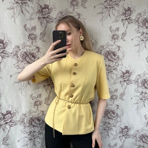 Vintage yellow wool blazer with short sleeves, elegant and classy womens jacket image 3