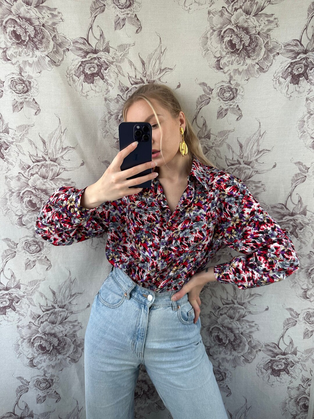 Vintage Floral Pattern Purple Blouse Cuffed