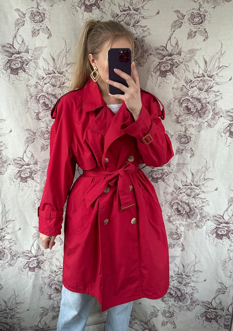 Trench rosso vintage, elegante trench da donna con cintura immagine 5