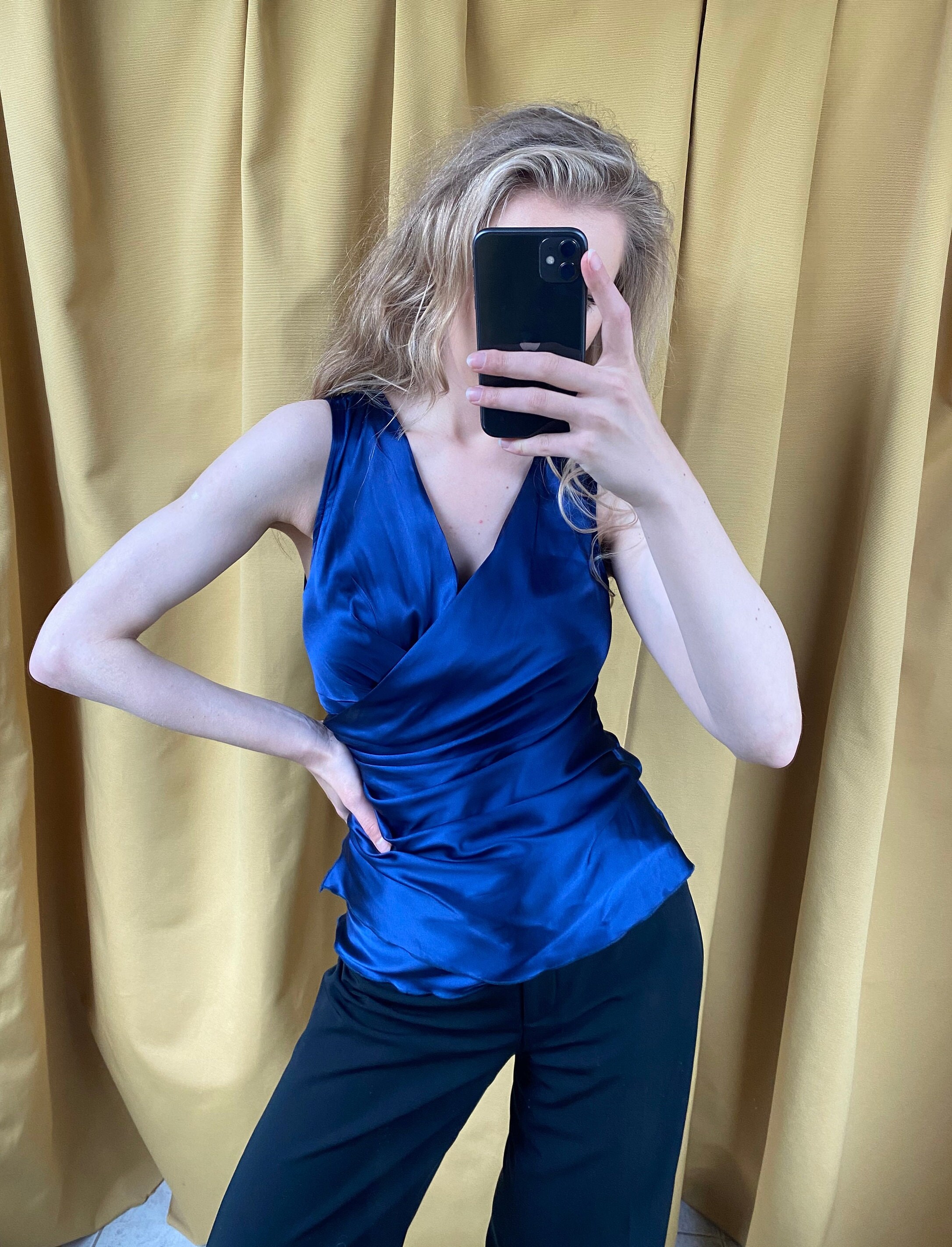 royal blue satin blouse