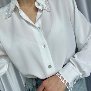 Vintage white sheer blouse with embroidery details, elegant see through shirt image 2