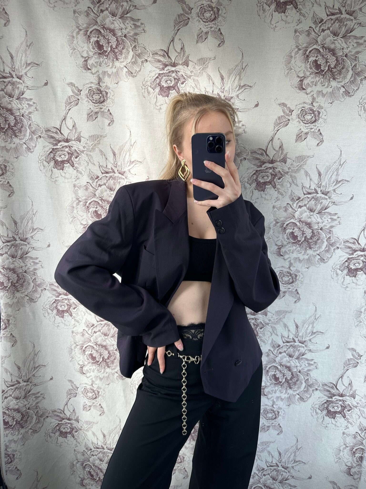 ヴィンテージのダークパープルのビスコースブレザー、エレガントで上品