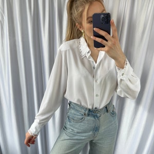 Vintage white sheer blouse with embroidery details, elegant see through shirt image 3