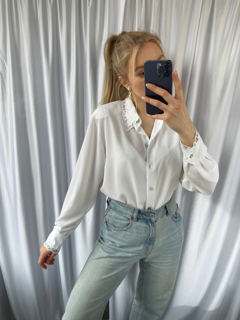 Vintage white sheer blouse with embroidery details, elegant see through shirt image 3