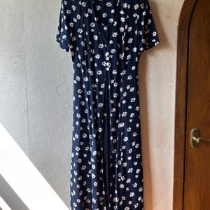 Vintage Navy Blue Floral Print Halter-Neck A-Line Midi Prom Dress DP7781