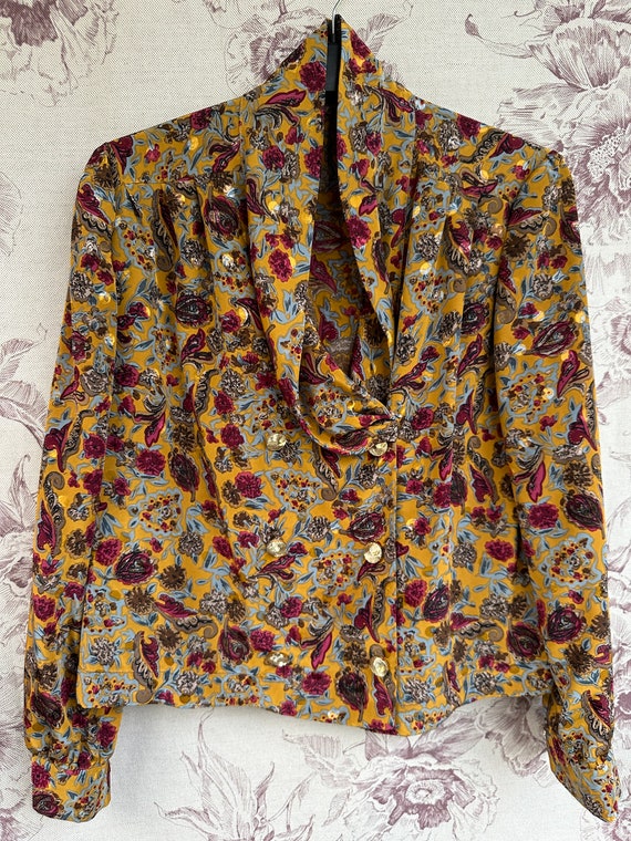 Vintage mustard yellow blouse with pink and blue … - image 8