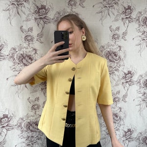 blazer vintage en laine jaune à manches courtes, veste pour femme élégante et chic image 8