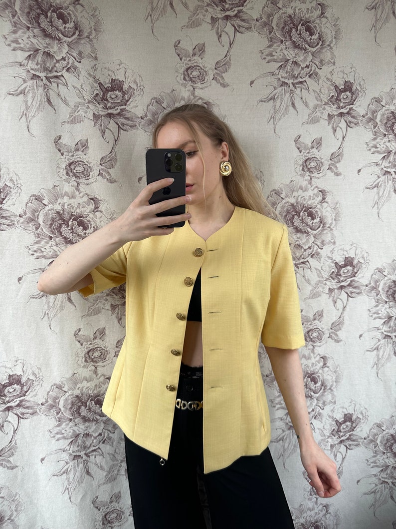 blazer vintage en laine jaune à manches courtes, veste pour femme élégante et chic image 8