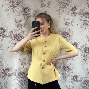 blazer vintage en laine jaune à manches courtes, veste pour femme élégante et chic image 6