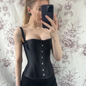 Vintage handmade black satin corset, elegant Gothic women's lace up corset image 5