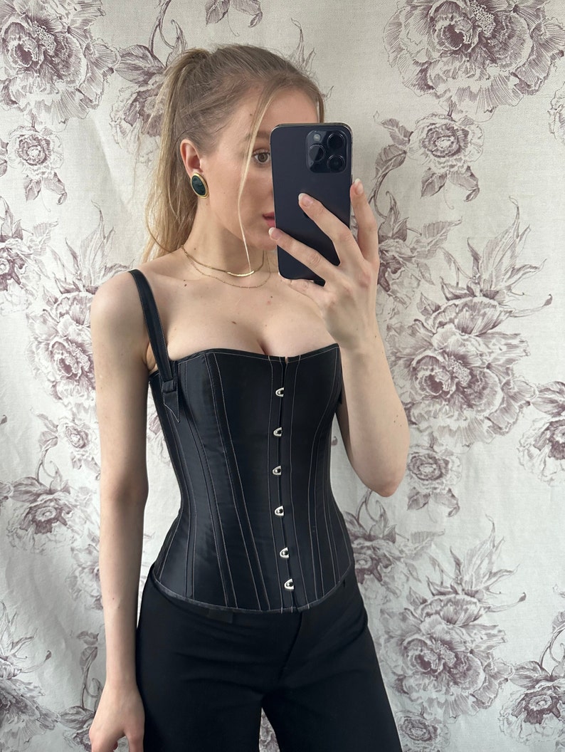 Vintage handmade black satin corset, elegant Gothic women's lace up corset image 5