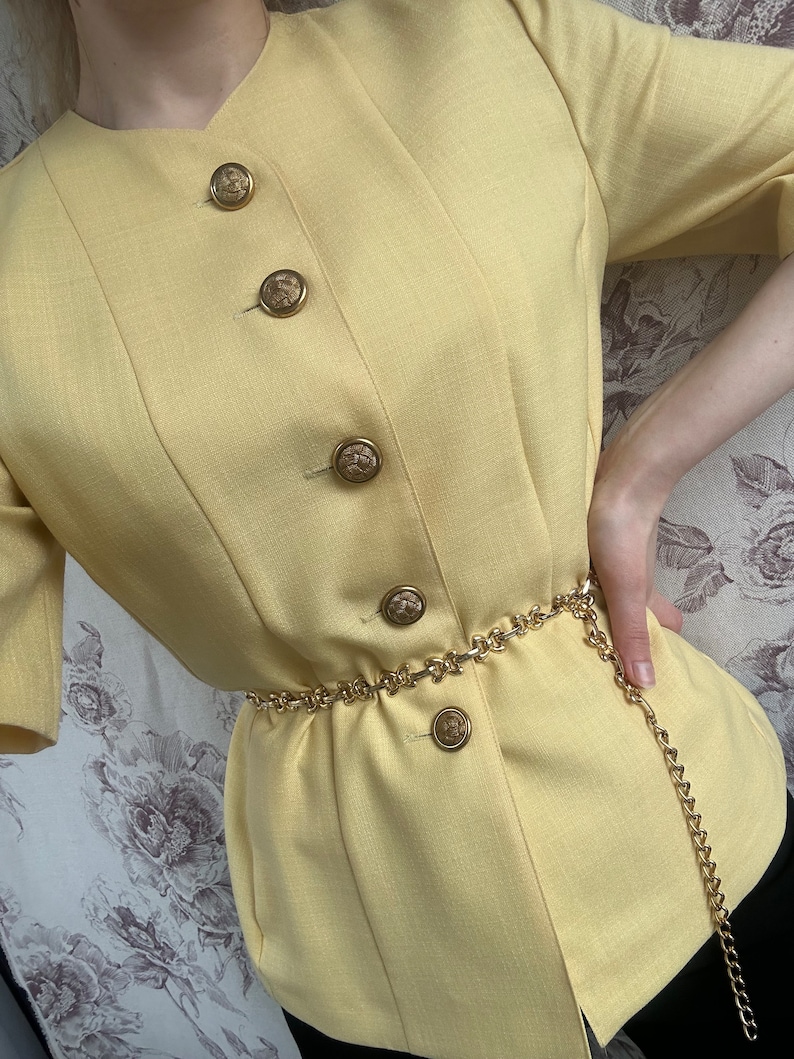 Vintage yellow wool blazer with short sleeves, elegant and classy womens jacket image 2