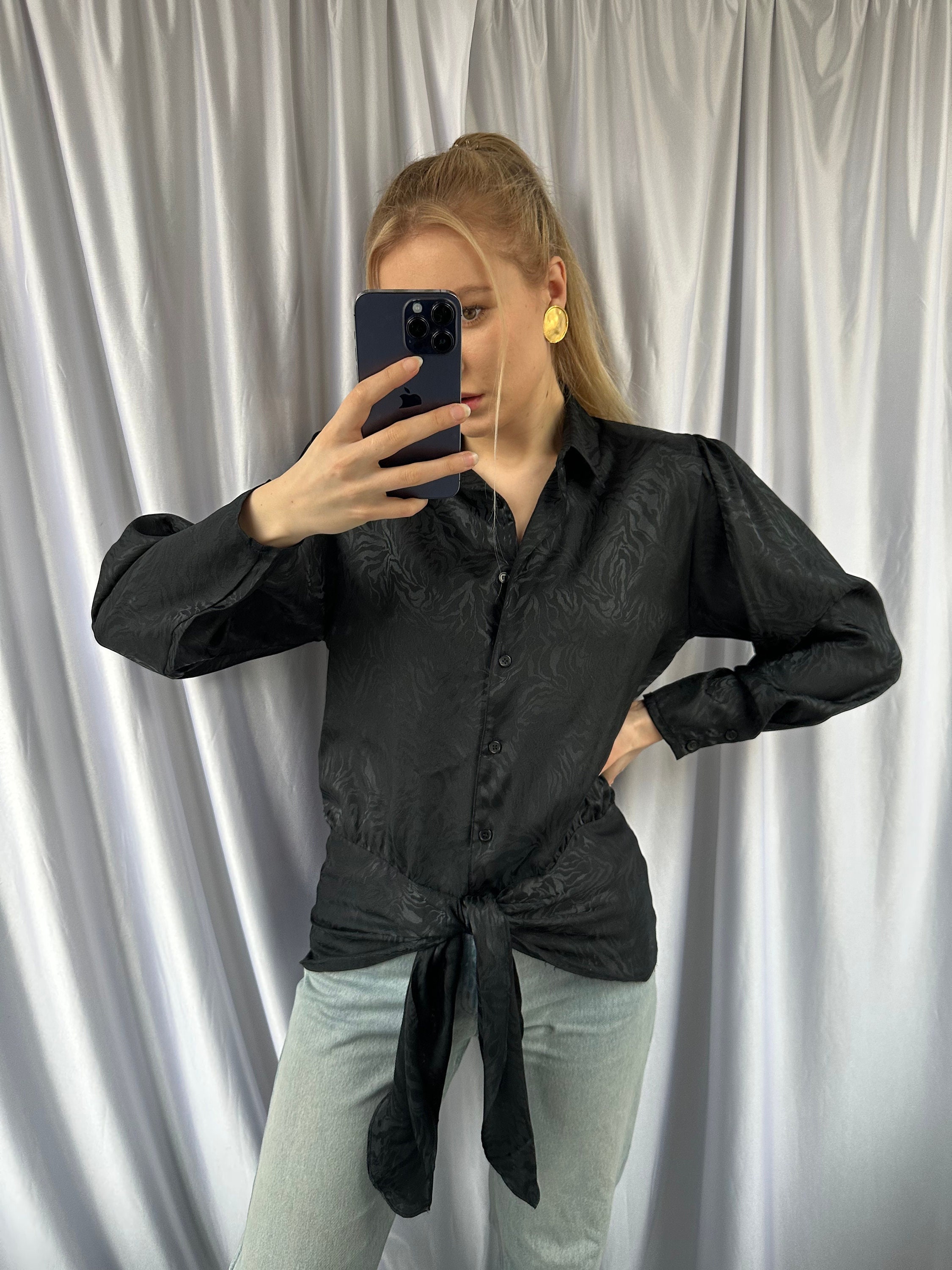 Black satin blouse Etsy