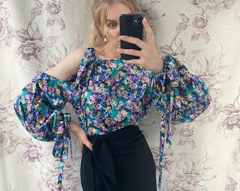 Handgemachte Satin Bischof Ärmel Bluse, Blumendruck Ausgeschnitten Ärmel Bluse