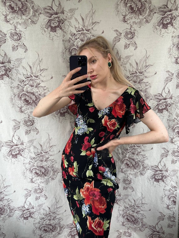 black dress with red and blue flowers Vintage V-neck Black Dress With Red and Blue Floral Print, Elegant Night  Out Summer Midi Dress
