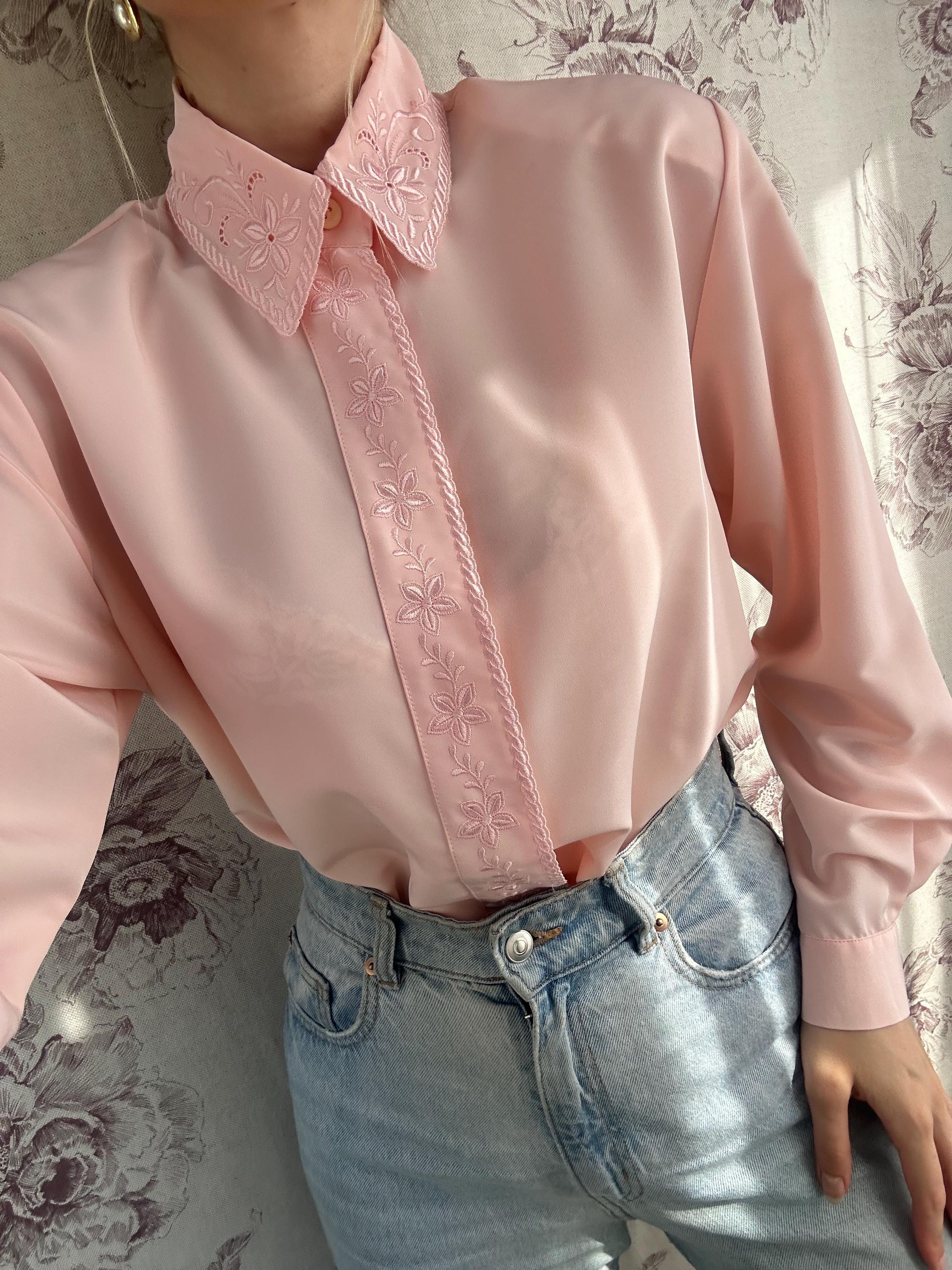 Vintage Light Pink Blouse With Embroidery, Feminine Long