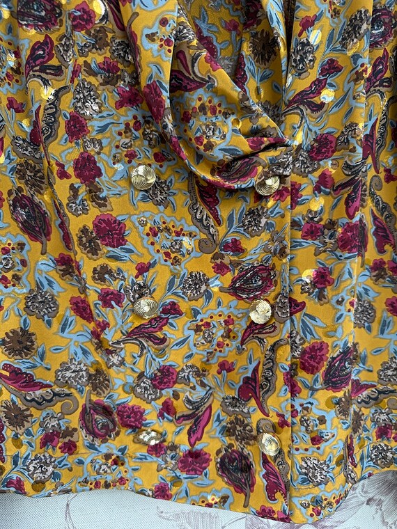 Vintage mustard yellow blouse with pink and blue … - image 9