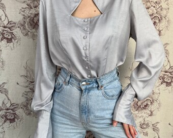 Vintage grey long sleeve 70s blouse, classy elegant unique women's shirt