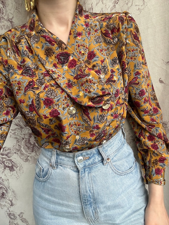 Vintage mustard yellow blouse with pink and blue … - image 1