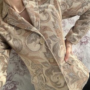 Vintage tapestry beige blazer, tailored textured women’s jacket in floral print