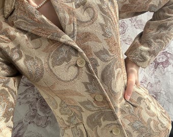 Vintage tapestry beige blazer, tailored textured women’s jacket in floral print