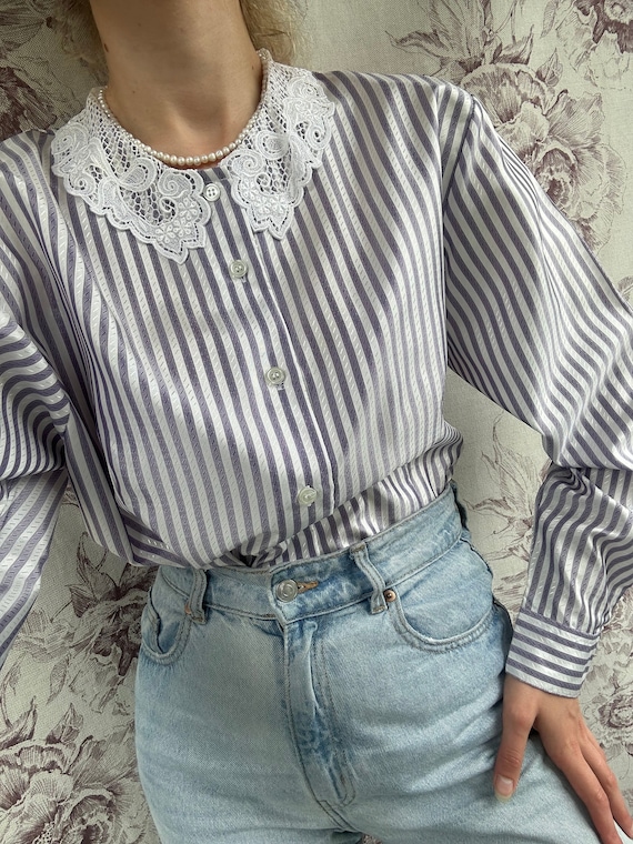 Vintage white and purple striped blouse, 90s women's shirt with lace crochet collar