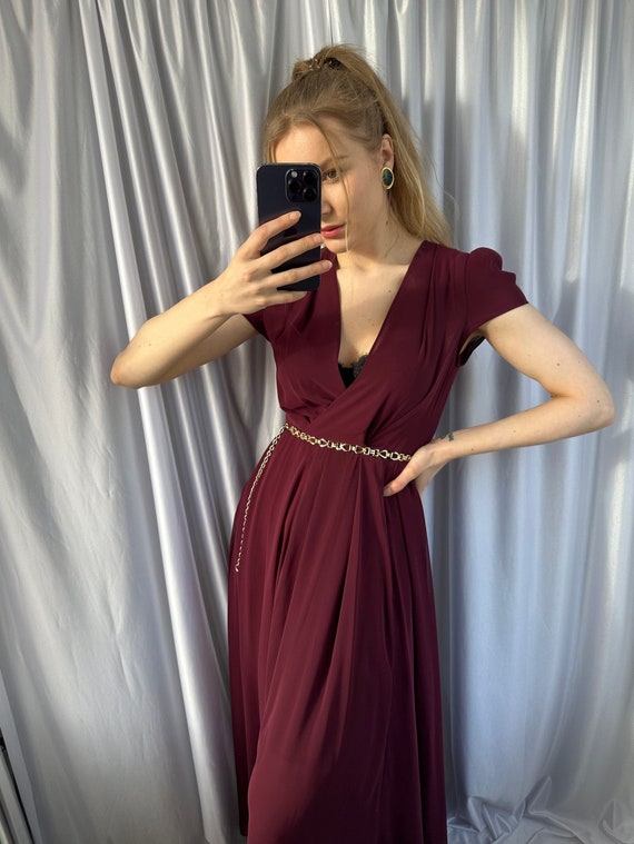 Vintage Burgundy Maxi V-neck Dress, Elegant Prom Style Short Sleeve Dress