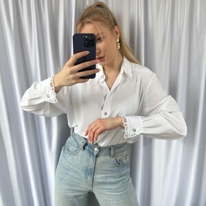Vintage white sheer blouse with embroidery details, elegant see through shirt image 4