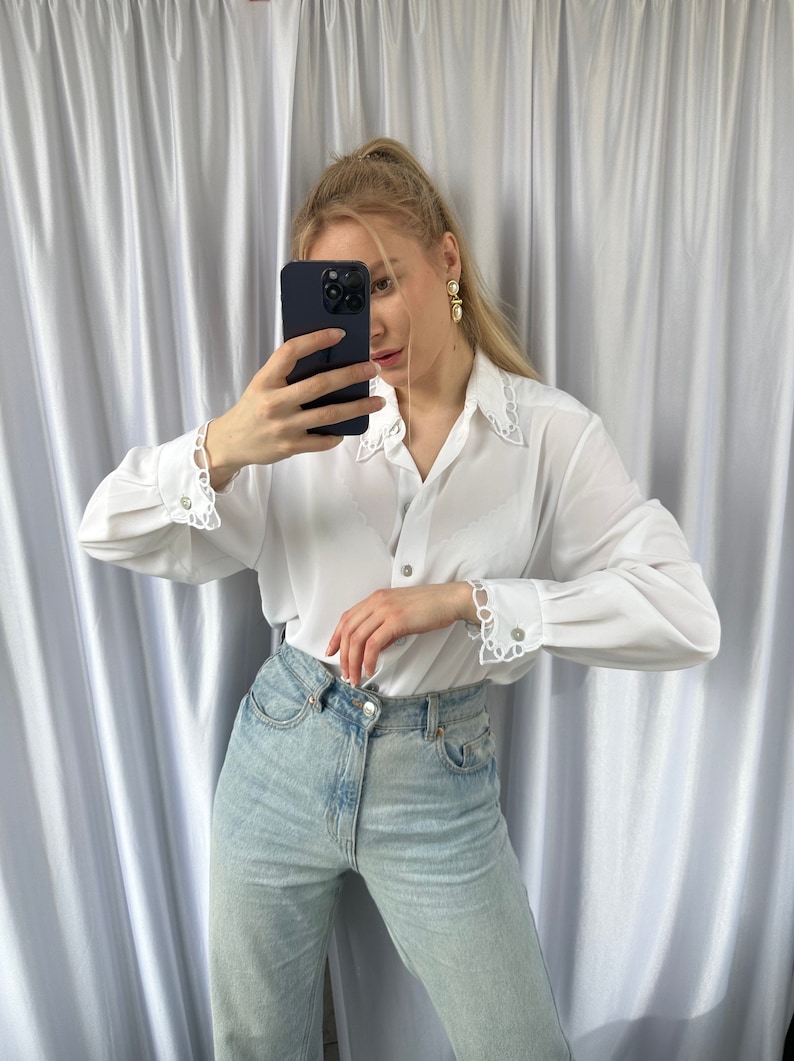 Vintage white sheer blouse with embroidery details, elegant see through shirt image 4