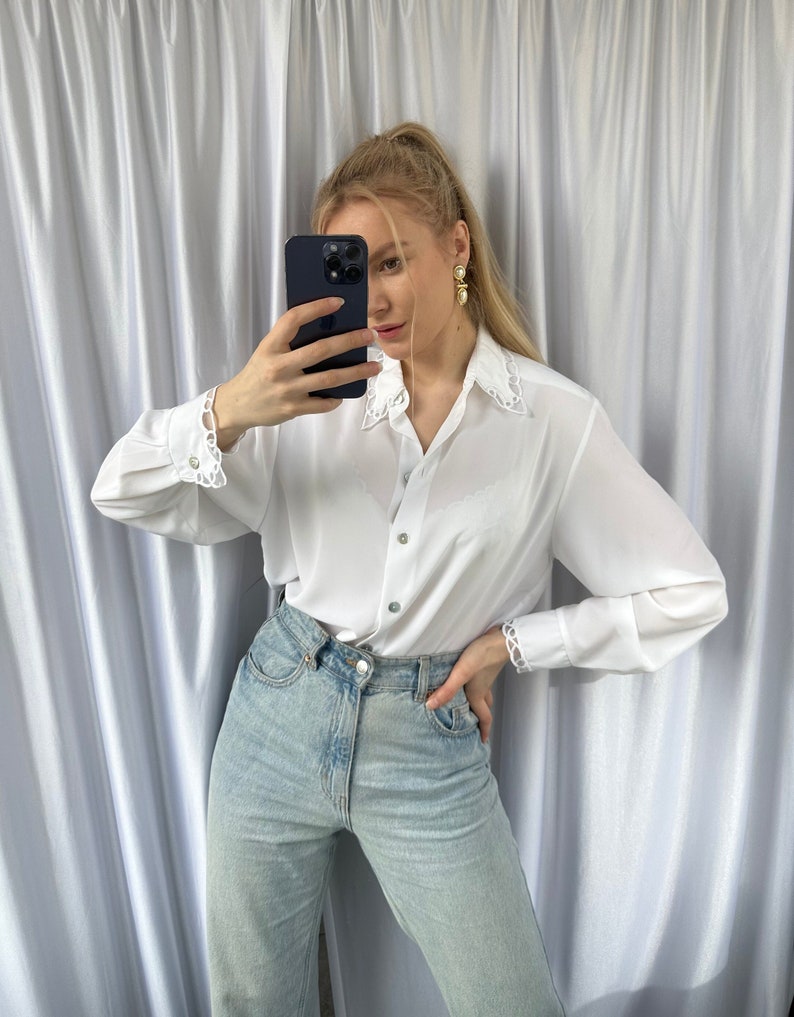 Vintage white sheer blouse with embroidery details, elegant see through shirt image 1