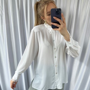 Vintage white sheer blouse with embroidery details, elegant see through shirt image 7