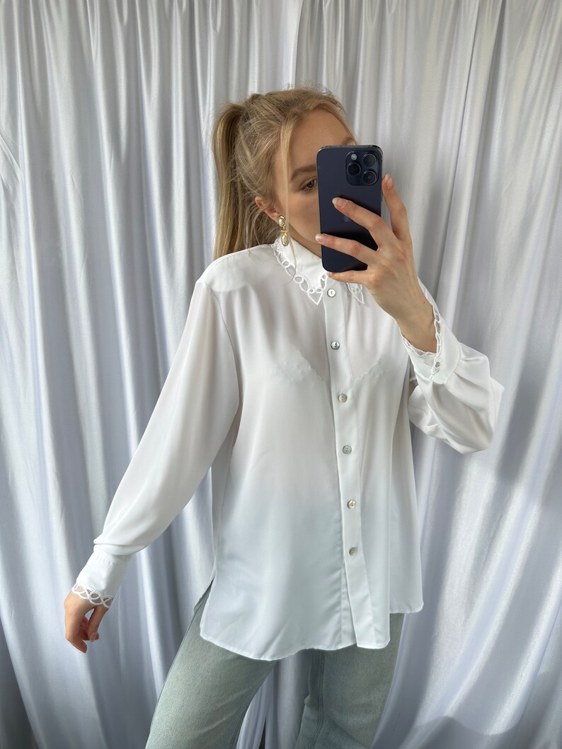 Vintage white sheer blouse with embroidery details, elegant see through shirt image 7