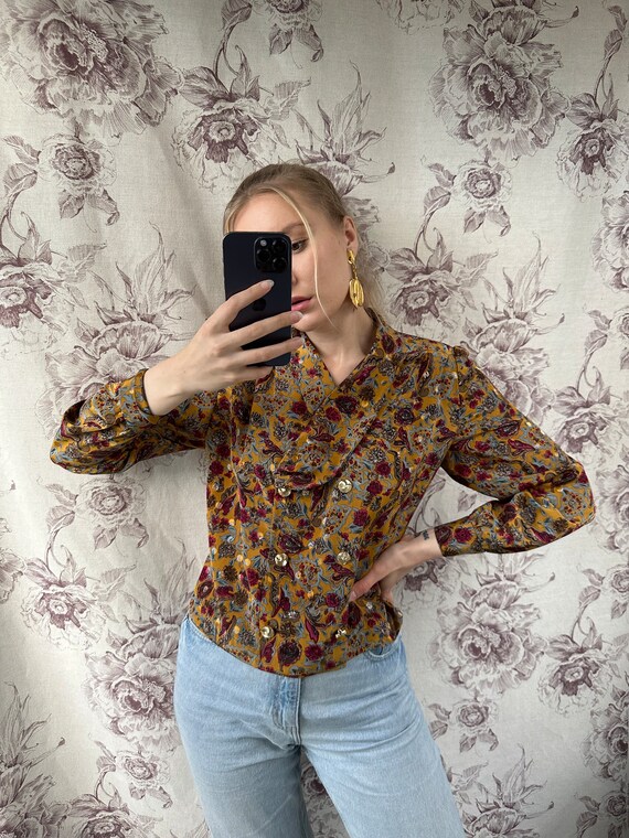 Vintage mustard yellow blouse with pink and blue … - image 6