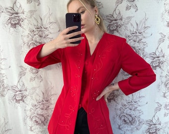 Blazer rojo vintage con detalle de chaleco adjunto debajo, elegante chaqueta con cuentas para mujer