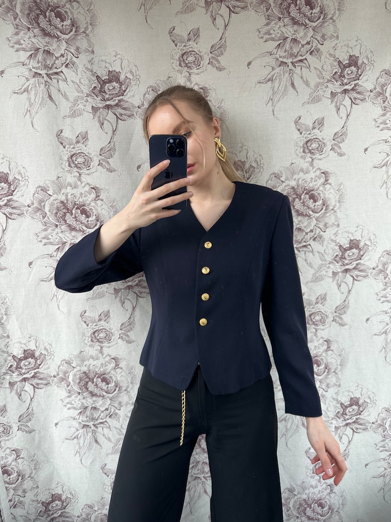 blazer bleu marine vintage, élégante veste des années 90 avec boutons dorés image 2