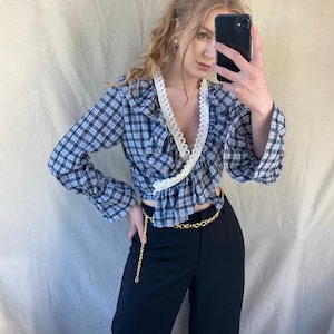 Vintage style blue checked ruffle shirt