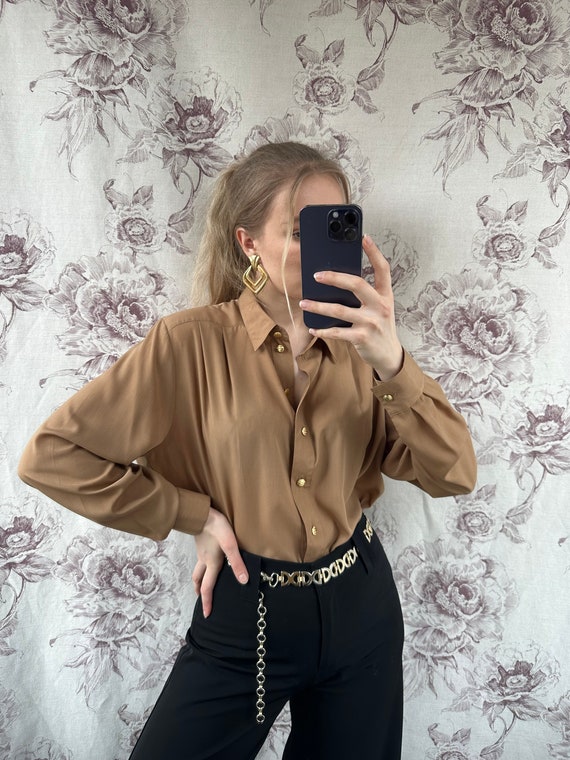 Vintage brown blouse with golden buttons, elegant 